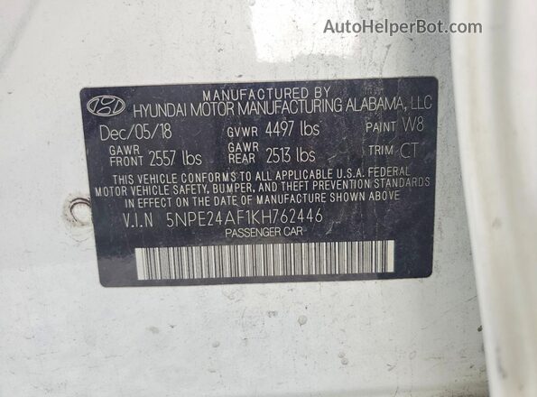 5NPE24AF1KH762446 2019 HYUNDAI SONATA White VIN sticker view