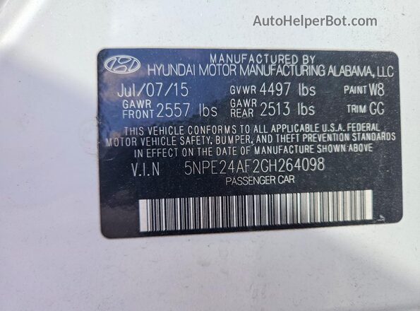 5NPE24AF2GH264098 2016 HYUNDAI SONATA White Widok komory silnika