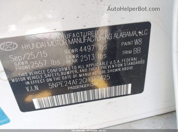 5NPE24AF2GH312425 2016 HYUNDAI SONATA White Widok komory silnika