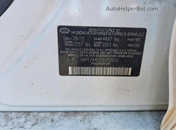 5NPE24AF2GH312652 2016 HYUNDAI SONATA White Vista del compartimento del motor