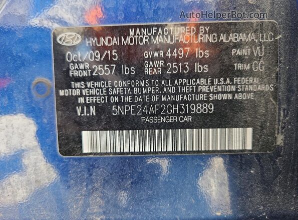 5NPE24AF2GH319889 2016 HYUNDAI SONATA Blue Widok komory silnika