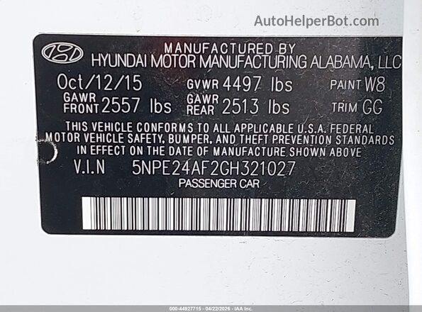 5NPE24AF2GH321027 2016 HYUNDAI SONATA Белый Вид подкапотного пространства