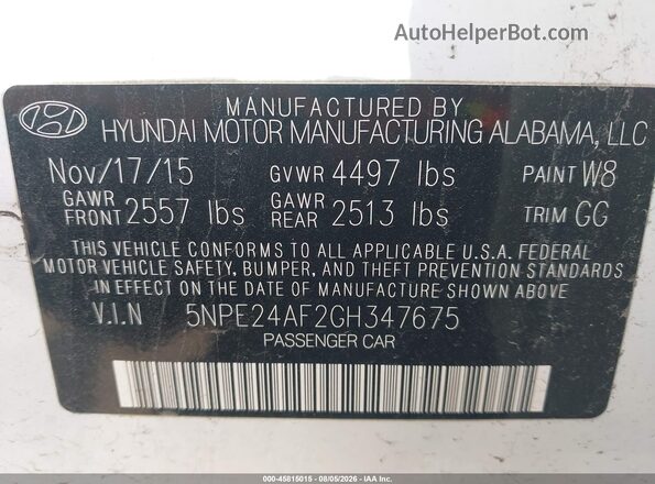 5NPE24AF2GH347675 2016 HYUNDAI SONATA White ძრავის განყოფილების ხედი