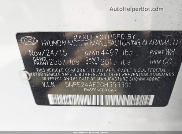 5NPE24AF2GH353301 2016 HYUNDAI SONATA White Շարժիչի բաժամունքի տեսք