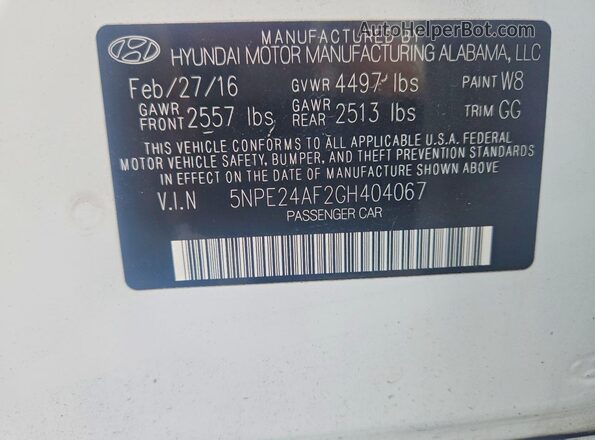 5NPE24AF2GH404067 2016 HYUNDAI SONATA White Vista de la etiqueta del VIN