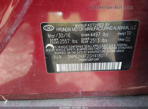5NPE24AF2GH418017 2016 HYUNDAI SONATA Red Widok komory silnika