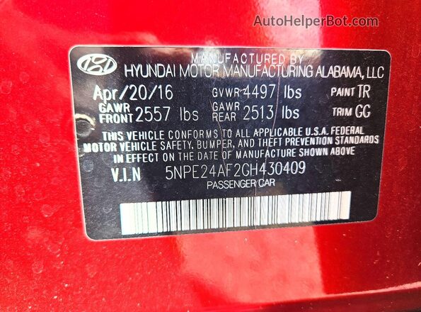 5NPE24AF2GH430409 2016 HYUNDAI SONATA Red 