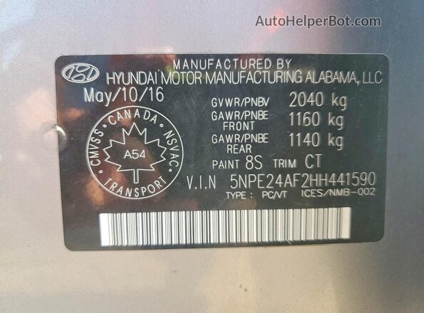 5NPE24AF2HH441590 2017 HYUNDAI SONATA Серый Вид подкапотного пространства