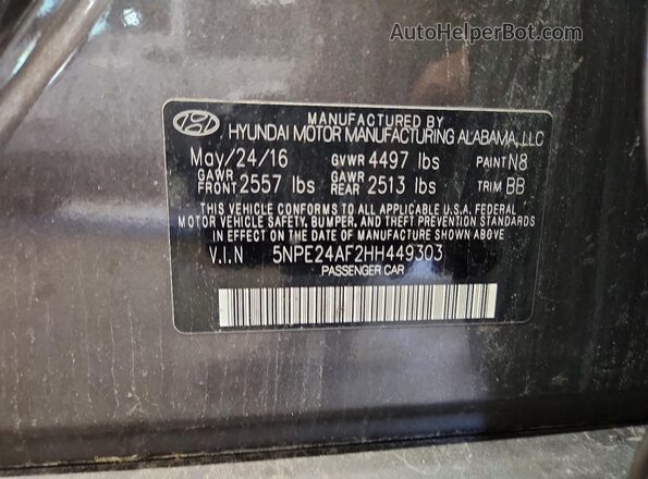 5NPE24AF2HH449303 2017 HYUNDAI SONATA Gray 