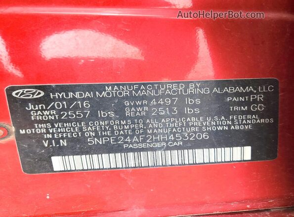 5NPE24AF2HH453206 2017 HYUNDAI SONATA Red ძრავის განყოფილების ხედი