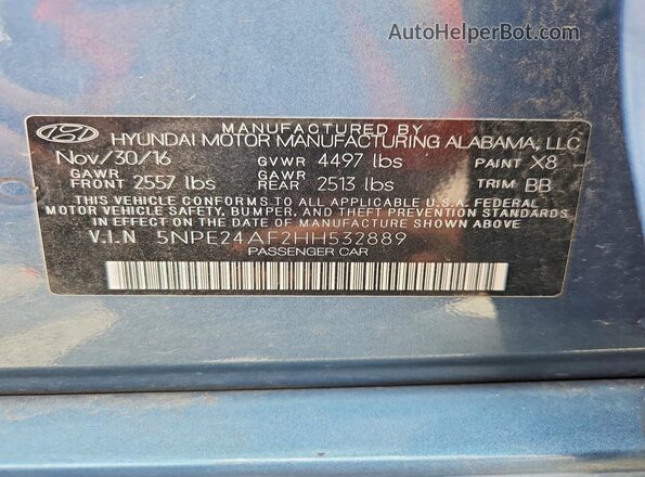 5NPE24AF2HH532889 2017 HYUNDAI SONATA Teal Widok naklejki z numerem VIN