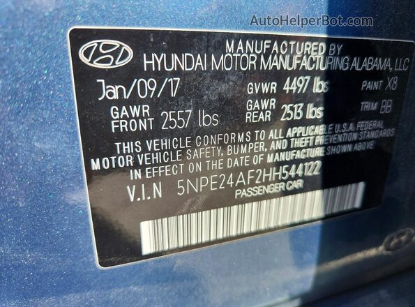 5NPE24AF2HH544122 2017 HYUNDAI SONATA Teal Vista de la etiqueta del VIN