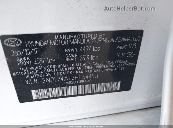 5NPE24AF2HH544511 2017 HYUNDAI SONATA Белый Вид подкапотного пространства