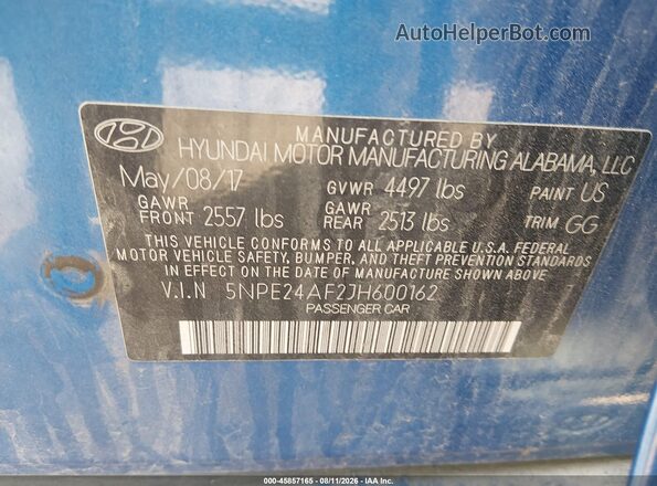 5NPE24AF2JH600162 2018 HYUNDAI SONATA Blue Widok komory silnika