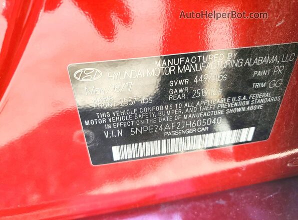5NPE24AF2JH605040 2018 HYUNDAI SONATA Red Vista del compartimento del motor