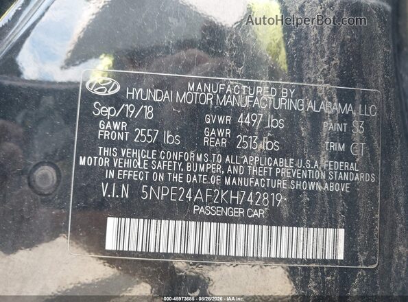 5NPE24AF2KH742819 2019 HYUNDAI SONATA Black Vista del compartimento del motor