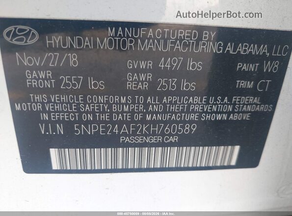 5NPE24AF2KH760589 2019 HYUNDAI SONATA White Vista del compartimento del motor