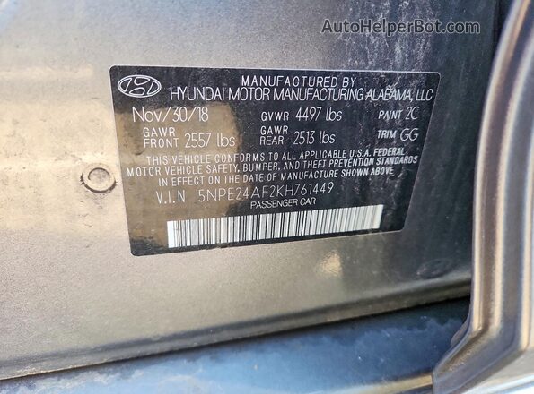 5NPE24AF2KH761449 2019 HYUNDAI SONATA Gray Շարժիչի բաժամունքի տեսք