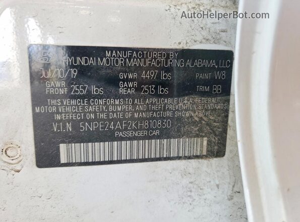 5NPE24AF2KH810830 2019 HYUNDAI SONATA White VIN կոդի պիտակի տեսք