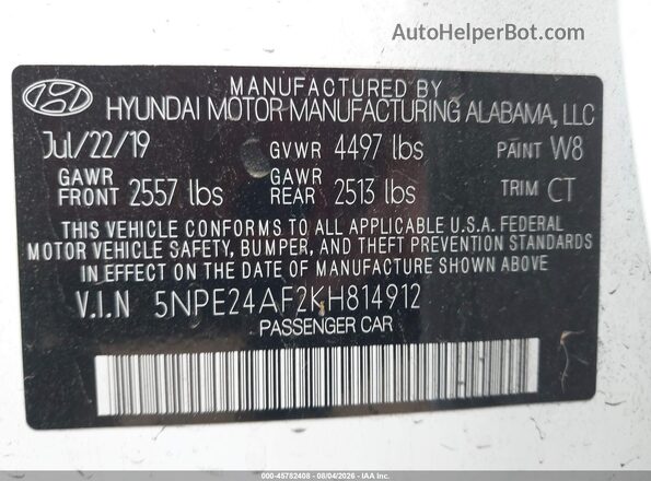5NPE24AF2KH814912 2019 HYUNDAI SONATA Белый Вид подкапотного пространства