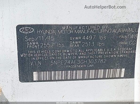 5NPE24AF3GH303782 2016 HYUNDAI SONATA White Вид підкапотного простору