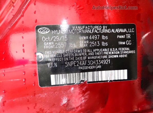 5NPE24AF3GH334921 2016 HYUNDAI SONATA Maroon Vista del compartimento del motor