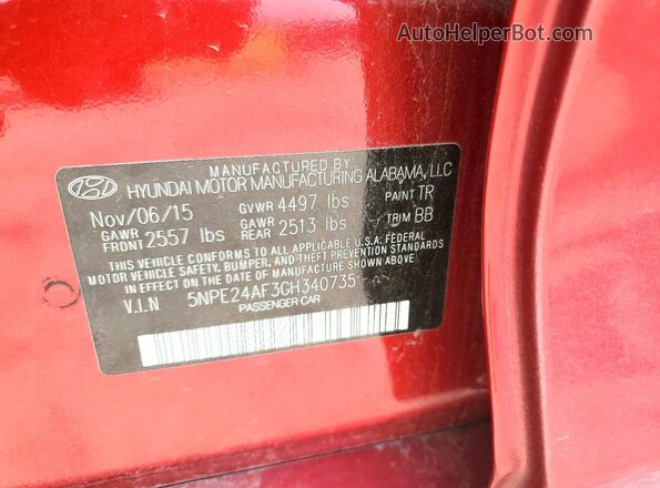 5NPE24AF3GH340735 2016 HYUNDAI SONATA Red VIN კოდის სტიკერის ხედი