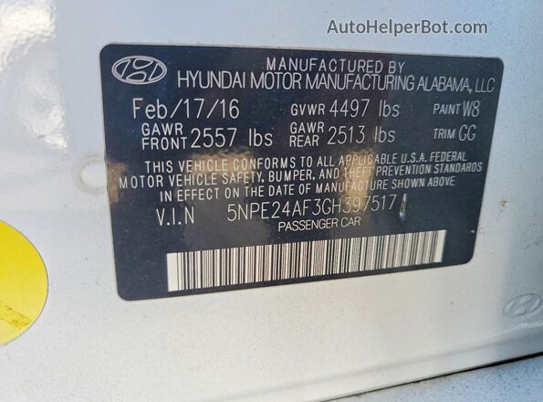 5NPE24AF3GH397517 2016 HYUNDAI SONATA White Շարժիչի բաժամունքի տեսք