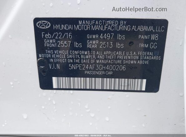 5NPE24AF3GH400206 2016 HYUNDAI SONATA White Widok komory silnika