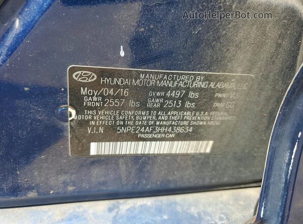 5NPE24AF3HH438634 2017 HYUNDAI SONATA Синий Вид подкапотного пространства