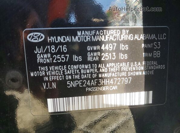 5NPE24AF3HH472797 2017 HYUNDAI SONATA Black ძრავის განყოფილების ხედი
