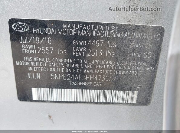 5NPE24AF3HH473657 2017 HYUNDAI SONATA Серебряный Вид подкапотного пространства