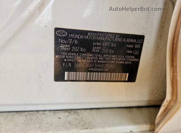 5NPE24AF3HH529080 2017 HYUNDAI SONATA White VIN კოდის სტიკერის ხედი