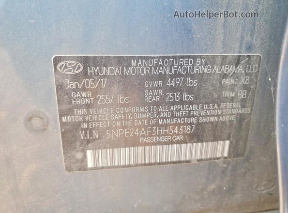 5NPE24AF3HH543187 2017 HYUNDAI SONATA Blue VIN sticker view