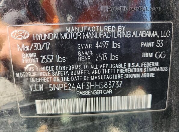 5NPE24AF3HH583737 2017 HYUNDAI SONATA Black Vista del compartimento del motor
