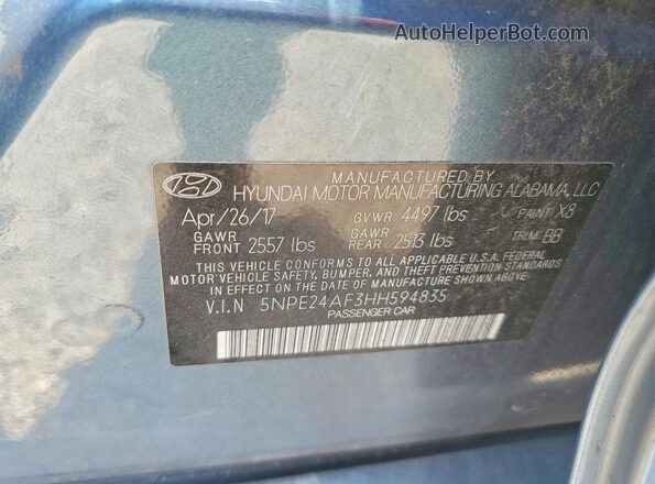 5NPE24AF3HH594835 2017 HYUNDAI SONATA Blue Вид підкапотного простору