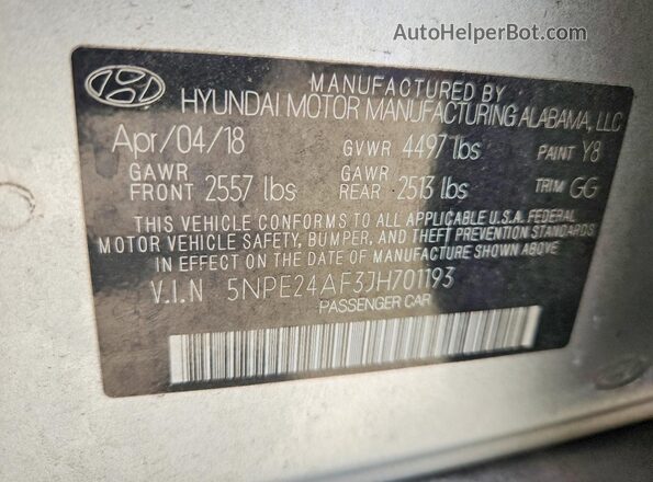 5NPE24AF3JH701193 2018 HYUNDAI SONATA Серебряный Вид подкапотного пространства