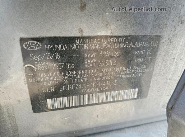 5NPE24AF3KH741453 2019 HYUNDAI SONATA Gray ძრავის განყოფილების ხედი