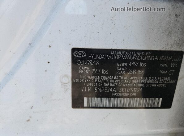 5NPE24AF3KH751724 2019 HYUNDAI SONATA White ძრავის განყოფილების ხედი