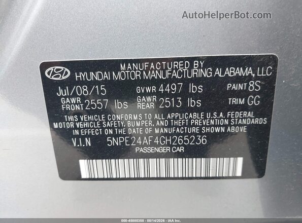 5NPE24AF4GH265236 2016 HYUNDAI SONATA Silver Widok komory silnika