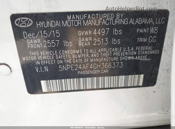 5NPE24AF4GH366373 2016 HYUNDAI SONATA White Вид підкапотного простору