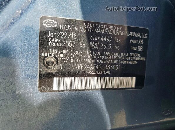 5NPE24AF4GH383061 2016 HYUNDAI SONATA Blue Widok komory silnika