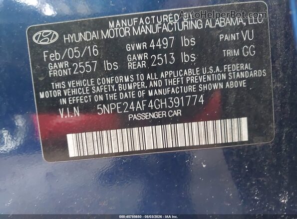 5NPE24AF4GH391774 2016 HYUNDAI SONATA Blue Engine compartment view