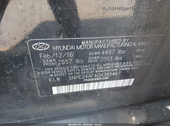 5NPE24AF4GH395467 2016 HYUNDAI SONATA Black ძრავის განყოფილების ხედი