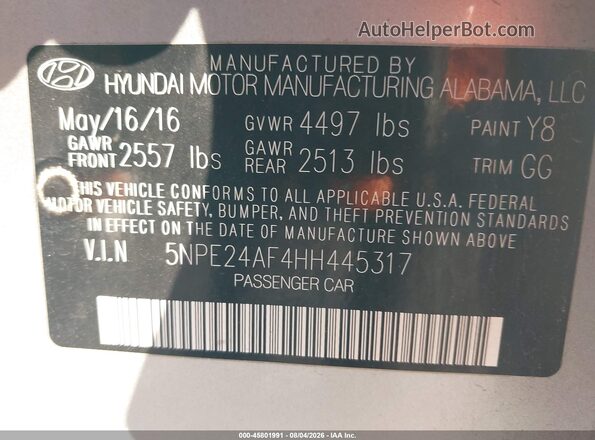 5NPE24AF4HH445317 2017 HYUNDAI SONATA Silver Vista del compartimento del motor