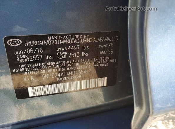 5NPE24AF4HH455412 2017 HYUNDAI SONATA Blue Շարժիչի բաժամունքի տեսք