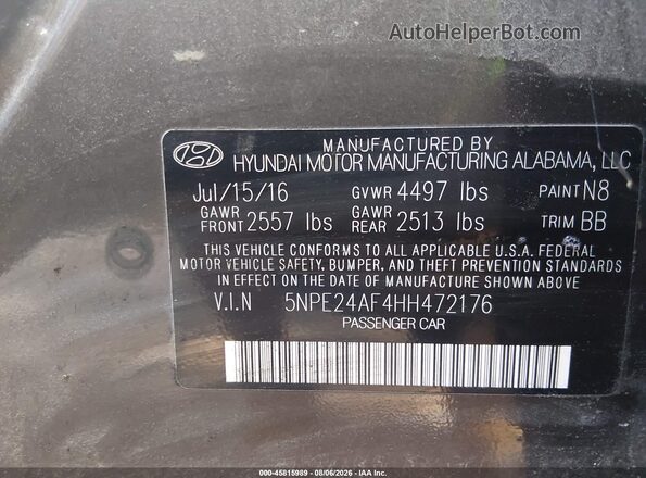 5NPE24AF4HH472176 2017 HYUNDAI SONATA Коричневый Вид подкапотного пространства