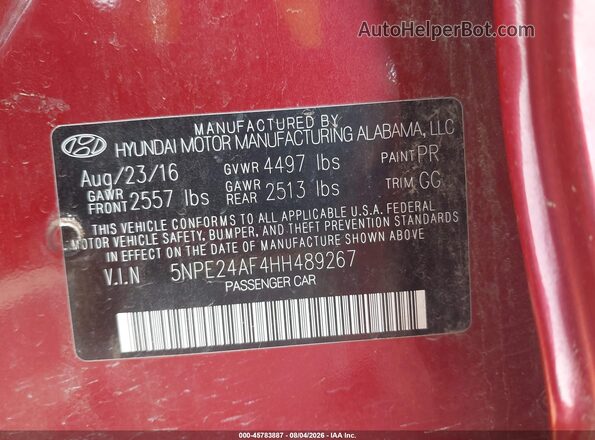 5NPE24AF4HH489267 2017 HYUNDAI SONATA Red Շարժիչի բաժամունքի տեսք