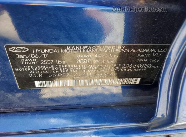 5NPE24AF4HH543666 2017 HYUNDAI SONATA Blue Вид підкапотного простору