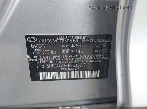 5NPE24AF4HH545868 2017 HYUNDAI SONATA Silver Engine compartment view